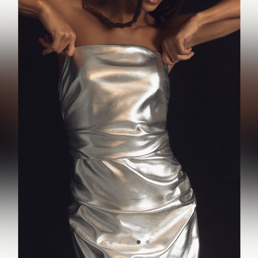 Anthropologie Soleil Magic Fabric Ruched Strapless Dress New Metallic Silver